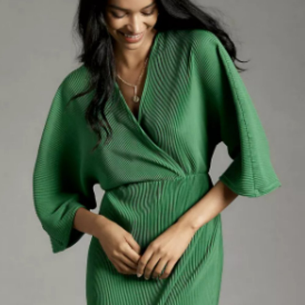 NWT By Anthropologie Plisse V-Neck Wrap Midi Dress, Dark Green, Size S